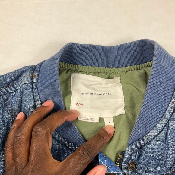 Anthropologie Quilted Denim Bomber Jacket Boho Western Casual Cropped Coat S - Picture 5 of 12
